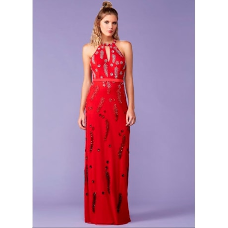 IZA.D - VESTIDO DE FESTA LONGO DECOTE COLEIRA BORDADO - VERMELHO IZA.D - VESTIDO DE FESTA LONGO DECOTE COLEIRA BORDADO - VERMELHO