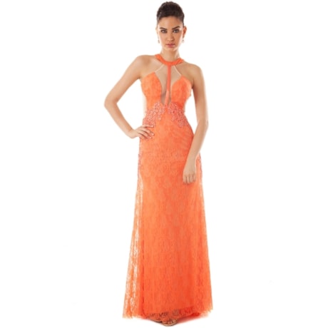 IZA.D - VESTIDO DE FESTA LONGO EM RENDA COSTAS EM TULE
 - CORAL