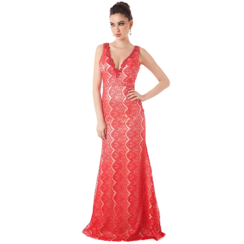 IZA.D - VESTIDO DE FESTA LONGO EM RENDA DECOTE NO BUSTO E COSTAS
 - VERMELHO