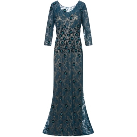 IZA.D - VESTIDO DE FESTA LONGO MANGA EM RENDA BORDADA FLORAL
 - PETRÓLEO