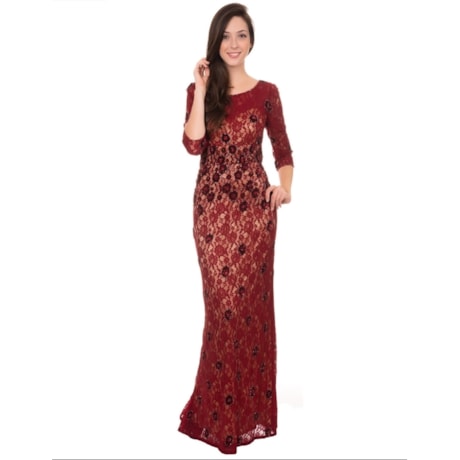 IZA.D - VESTIDO DE FESTA LONGO MANGA EM RENDA BORDADA FLORAL
 - VINHO