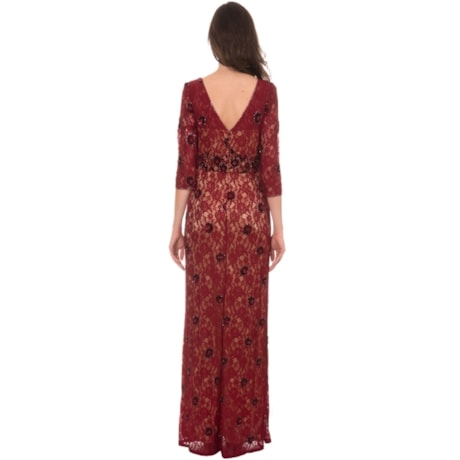 IZA.D - VESTIDO DE FESTA LONGO MANGA EM RENDA BORDADA FLORAL
 - VINHO