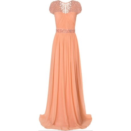 IZA.D - VESTIDO DE FESTA LONGO MUSSELINE BORDADO MANGA E COSTAS
 - PÊSSEGO