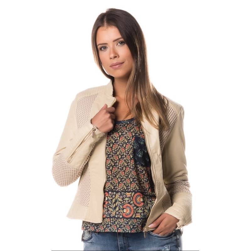 JAQUETA ALPELO SUEDE COM DETALHE TELA - OFF WHITE
