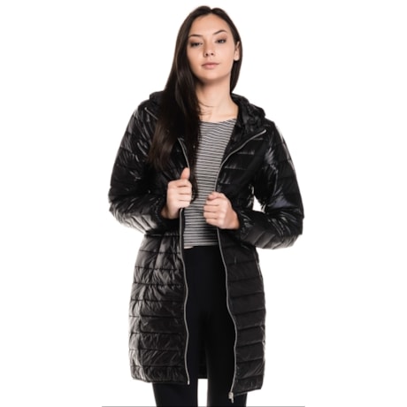 JAQUETA MOÇA BONITA PUFFER LONGA CAPUZ - PRETO