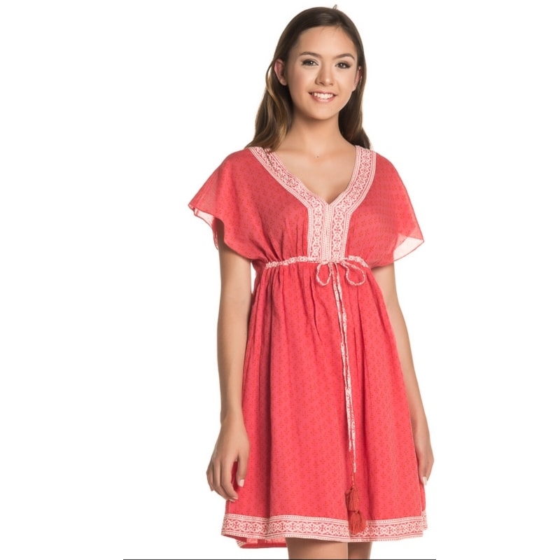 KAFTAN CANTÃO   PADRÃO FOLHINHAS COM TIRAS E TASSEL - ROSA