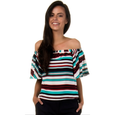 LAWRENCE - BATA CROPPED OMBRO A OMBRO MIX LISTRAS - TURQUESA LAWRENCE - BATA CROPPED OMBRO A OMBRO MIX LISTRAS - TURQUESA