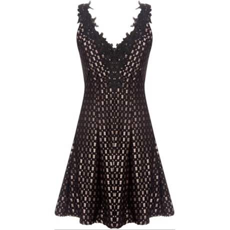 LEMON COLA - VESTIDO BORDADO QUADRICULADO DECOTE GUIPURE - PRETO