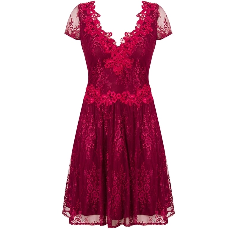 LEMON COLA - VESTIDO CURTO DECOTE V RENDA C/GUIPURE M/C - MARSALA