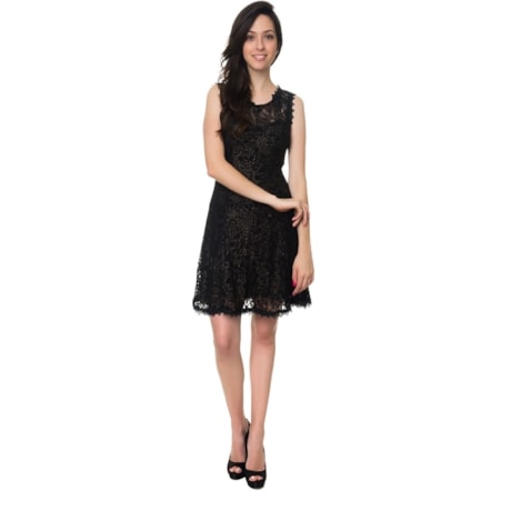 LEMON COLA - VESTIDO CURTO RENDA METALIZADO GUIPURE DECOTE - PRETO
