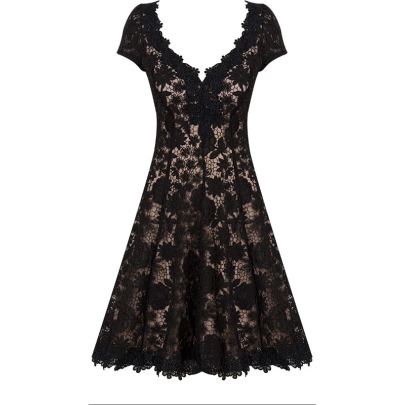 LEMON COLA - VESTIDO CURTO RENDADO E DET GUIPURE - PRETO
