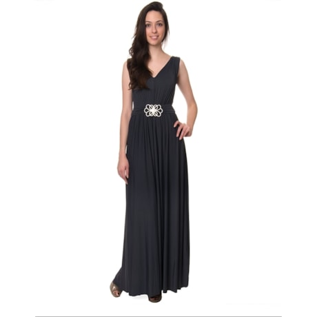 LEMON COLA - VESTIDO DE FESTA LONGO FLUITY FIVELA STRASS - CHUMBO