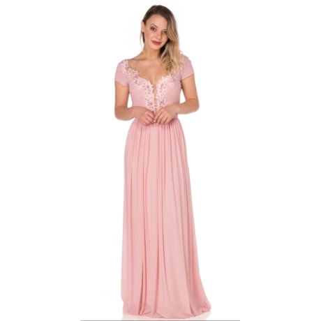 LEMON COLA - VESTIDO DE FESTA LONGO TULE DECOTE GUIPIR BORDADO - ROSA CHÁ LEMON COLA - VESTIDO DE FESTA LONGO TULE DECOTE GUIPIR BORDADO - ROSA CHÁ