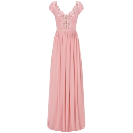 LEMON COLA - VESTIDO DE FESTA LONGO TULE DECOTE GUIPIR BORDADO - ROSA CHÁ LEMON COLA - VESTIDO DE FESTA LONGO TULE DECOTE GUIPIR BORDADO - ROSA CHÁ