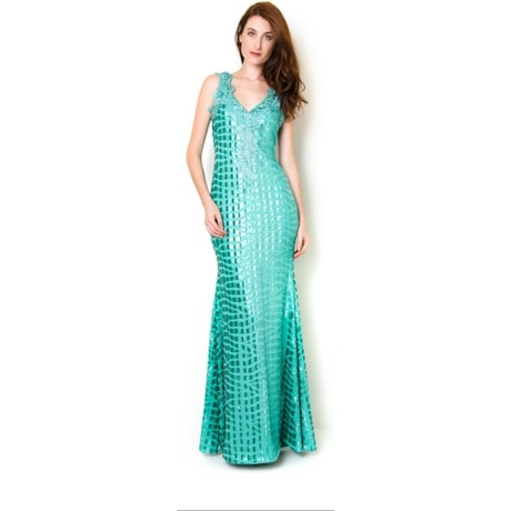 LEMON COLA - VESTIDO LG PAETE DET GUIPURE - TURQUESA