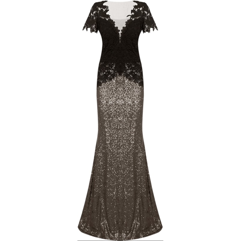 LEMON COLA - VESTIDO LONGO M/C CORPO GUIPURE SAIA PAETE - FENDI