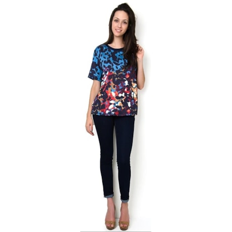 LUCIDEZ - BLUSA CETIM FLORAL M/C ALINE - AZUL