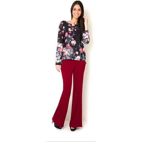 LUCIDEZ - BLUSA CETIM FLORAL M/L - MARINHO