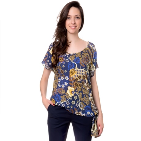 LUCIDEZ - BLUSA ESTAMPADA COM AMARRAÇÃO LATERAL - MARINHO