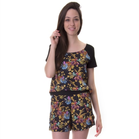 LUCIDEZ - BLUSA FLORAL MANGA LISA ABERTURA COSTAS SALVADOR - PRETO