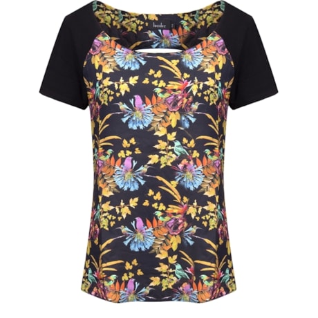 LUCIDEZ - BLUSA FLORAL MANGA LISA ABERTURA COSTAS SALVADOR - PRETO