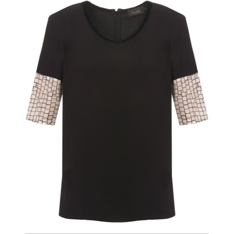 LUCIDEZ - BLUSA GEORGIA RECORTES DECOTE VELUDO MANGA ESTAMPADA - PRETO LUCIDEZ - BLUSA GEORGIA RECORTES DECOTE VELUDO MANGA ESTAMPADA - PRETO
