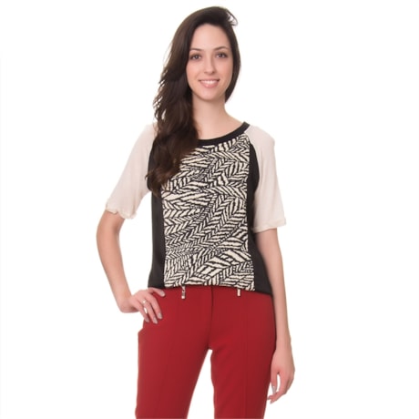 LUCIDEZ - BLUSA HADASSA RECORTE ESTAMPADO DECOTE COM RIBANA - PRETO