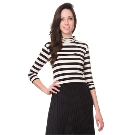 LUCIDEZ - BLUSA JULIETA GOLA ALTA LISTRADA MANGA LONGA - P&B LUCIDEZ - BLUSA JULIETA GOLA ALTA LISTRADA MANGA LONGA - P&B