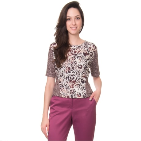 LUCIDEZ - BLUSA LUA CREPE ESTAMPADO COM TRICOT - BERINJELA