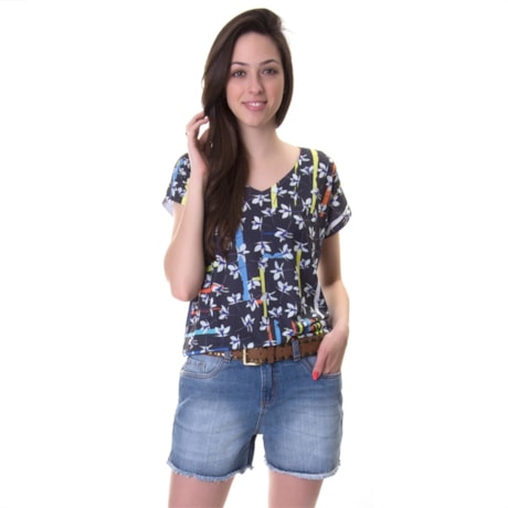 LUCIDEZ - BLUSA MALHA FLORAL RISCOS CAMERON - PRETO