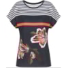 LUCIDEZ - BLUSA RAGLÃ ESTAMPA FLORAL LISTRAS DECOTE CANELADO - MARINHO