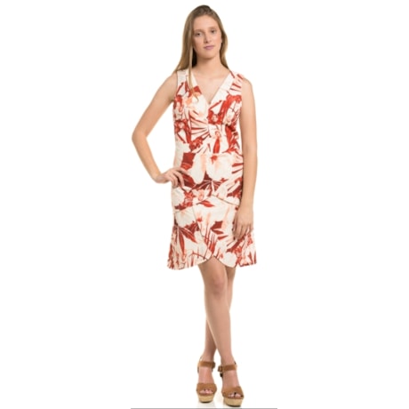 LUCIDEZ - VESTIDO CREPE FLORAL DECOTE V RECORTES SAIA - LARANJA