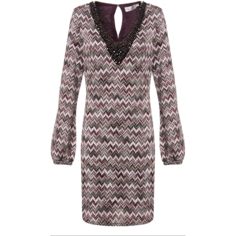 LUCIDEZ - VESTIDO IVONETE TRICOT ZIG ZAG DECOTE PEDRARIAS - UVA LUCIDEZ - VESTIDO IVONETE TRICOT ZIG ZAG DECOTE PEDRARIAS - UVA
