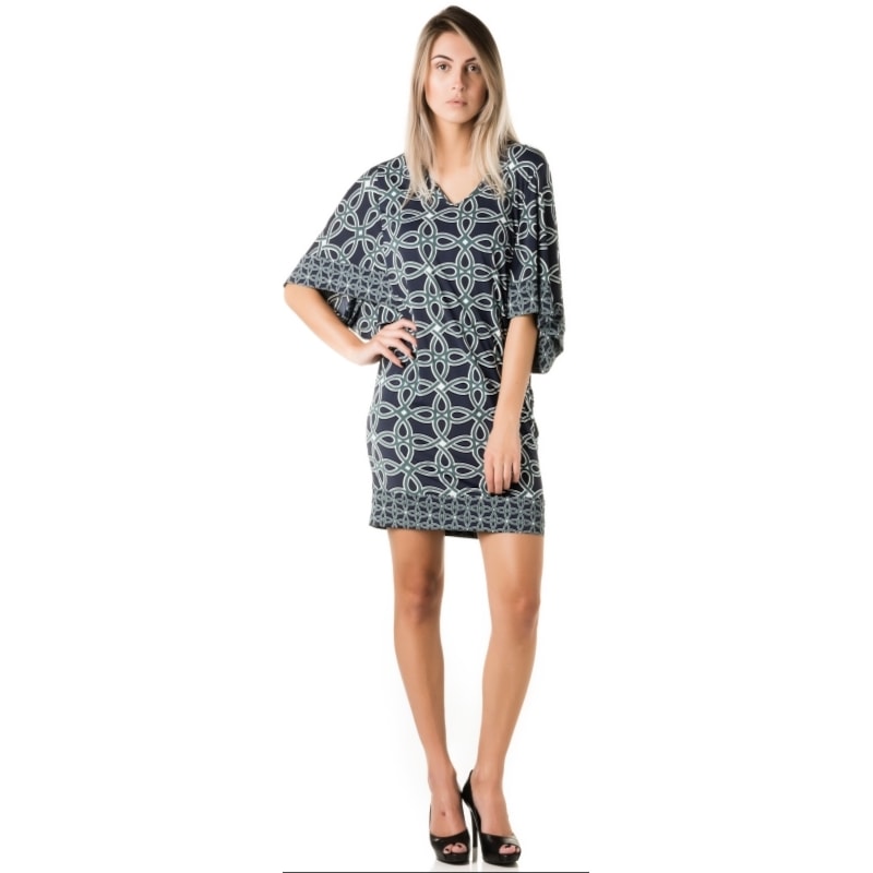 LUCIDEZ - VESTIDO JERSEY ESTAMPA ARABESCOS MANGA KIMONO - MARINHO