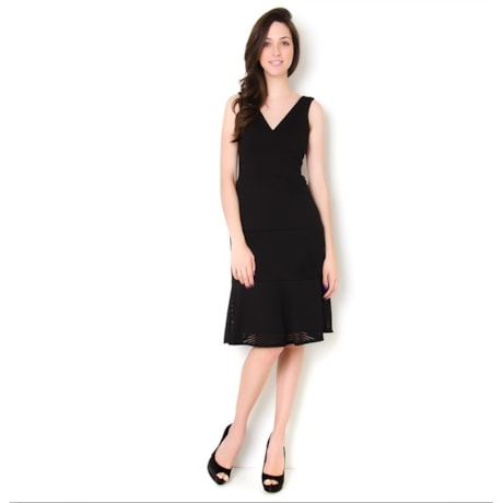 LUCIDEZ - VESTIDO LONGUETE RECORTES DET. GUIPURE CATARINA - PRETO