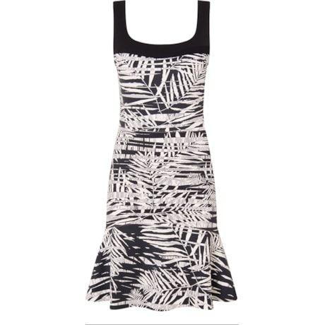 LUCIDEZ - VESTIDO MALHA ESTAMPA FOLHAGEM - P&B