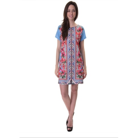 LUCIDEZ - VESTIDO T-SHIRT FRENTE FLORAL GRÁFICO VICHY - AZUL