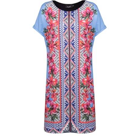 LUCIDEZ - VESTIDO T-SHIRT FRENTE FLORAL GRÁFICO VICHY - AZUL