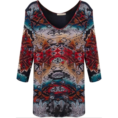 LZKLUB - BLUSA FRENTE TRICOT ESTAMPA ETNICA - MARINHO