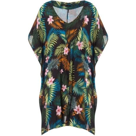 LZKLUB - VESTIDO KAFTAN VOIL FLORAL - PRETO