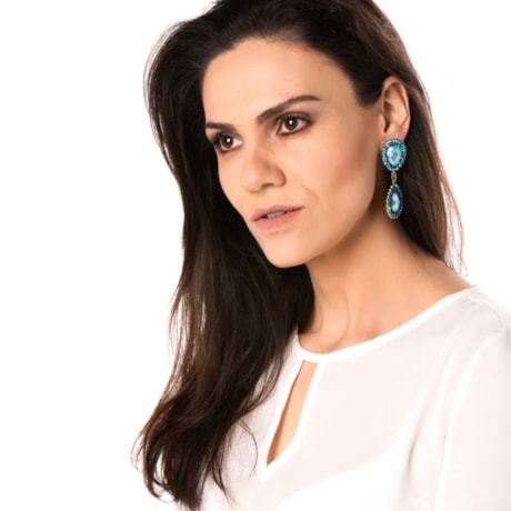MARCIELLI RODRIGUES - BRINCO LONGO CRISTAIS STRASS - TURQUESA