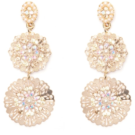 MARCIELLI RODRIGUES - BRINCO PLACAS VAZADAS COM MINI PÉROLAS E STRASS - DOURADO