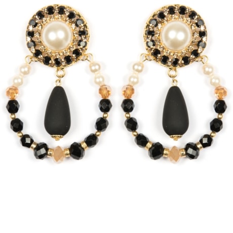MARCIELLI RODRIGUES - BRINCO REDONDO COM PÉROLA E STRASS - PRETO