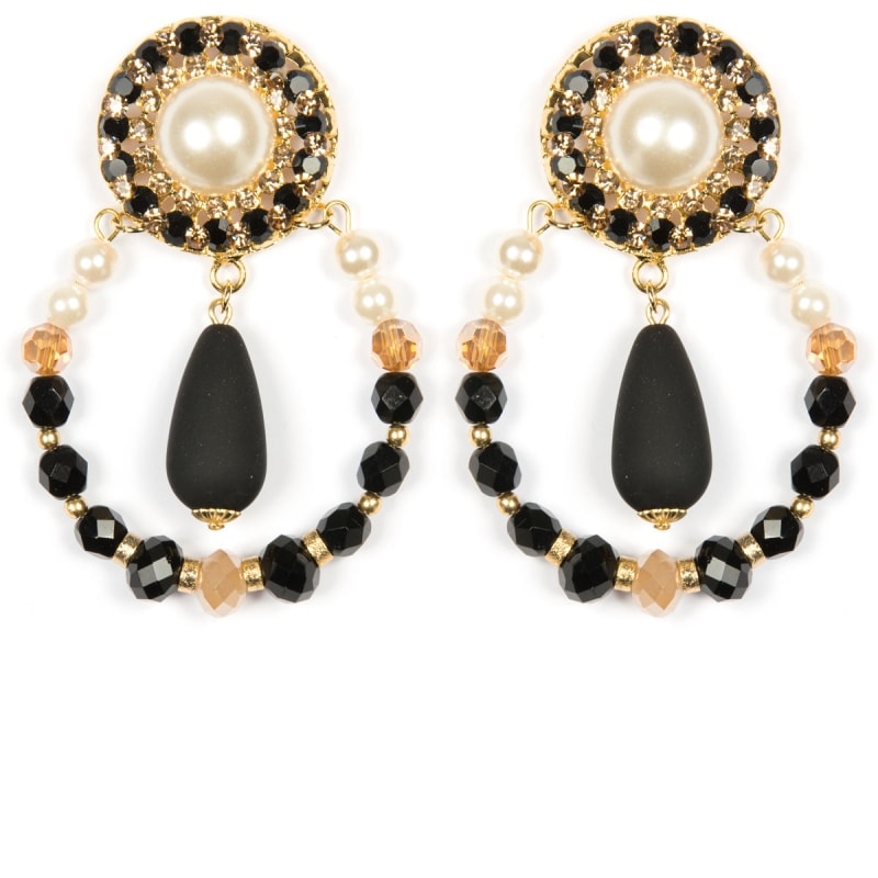 MARCIELLI RODRIGUES - BRINCO REDONDO COM PÉROLA E STRASS - PRETO