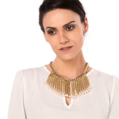 MARCIELLI RODRIGUES - COLAR FRANJAS CORRENTES COM PÉROLAS - DOURADO