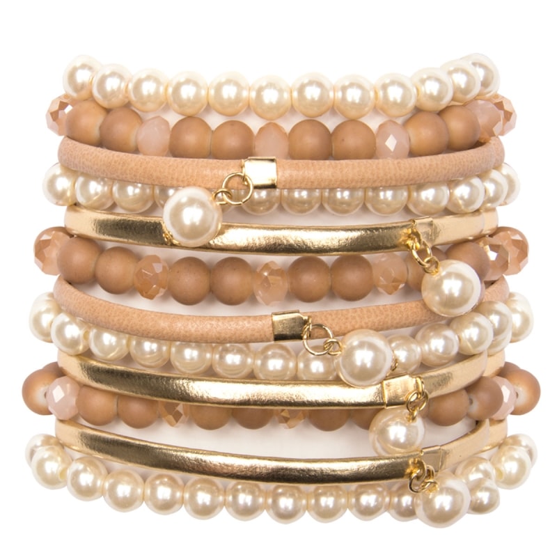 MARCIELLI RODRIGUES - PULSEIRA MIX COM 12 FILEIRAS PEROLASE COURO FAKE - DOURADO