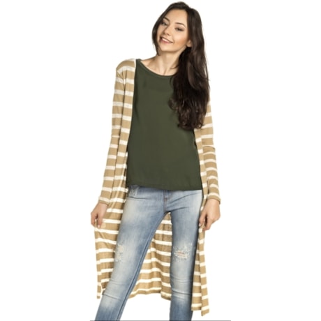 MAXI CARDIGAN CANTÃO LISTRAS COMFY - BEGE MAXI CARDIGAN CANTÃO LISTRAS COMFY - BEGE