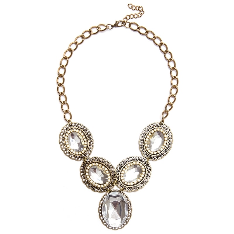 MAXI COLAR CORRENTE COM 5 PLACAS EM METAL C/ CRISTAL E DETALHES EM STRASS - OURO VELHO