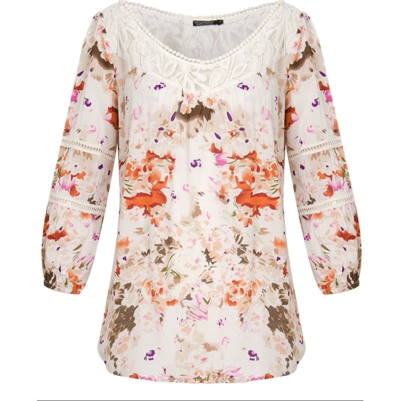 MOÇA BONITA - BATA FLORAL DECOTE RENDA - OFF WHITE