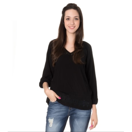 MOÇA BONITA - BATA VISCOSE BARRADO GUIPIR - PRETO